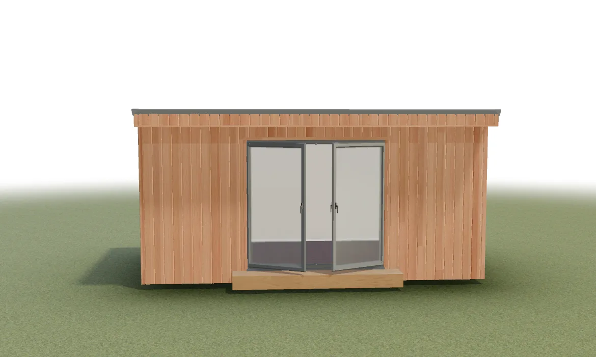 Render of the case-study garden room: vertical timber cladding, a flat roof and double glazed doors in the front wall