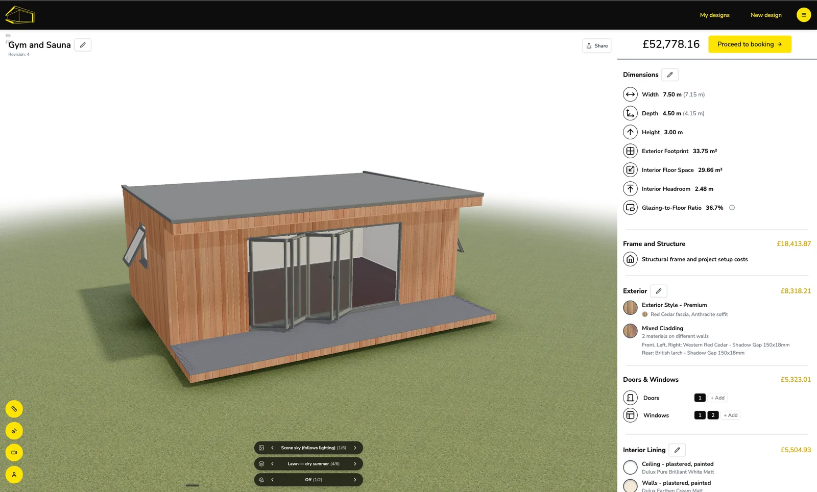 The design tool: a garden room in 3D beside its dimensions, cladding, doors and windows, each with its price